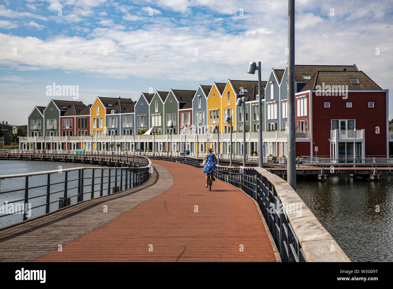 Small town Houten near Utrecht, The Netherlands, bicycles have priority in the 50,000 inhabitants city, generous cycle paths, many leisure areas, wate Stock Photo