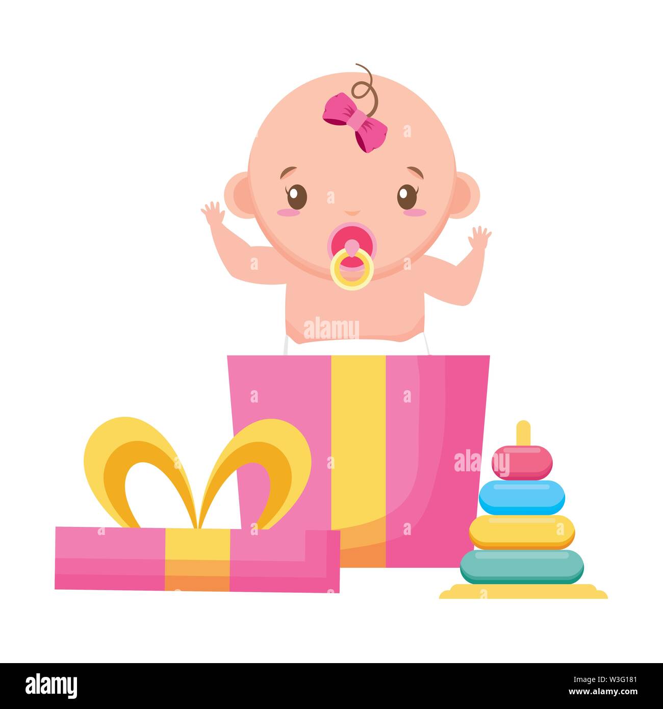 Cute Girl In Diaper With Gift Cube Baby Shower Stock Vector Image Art Alamy