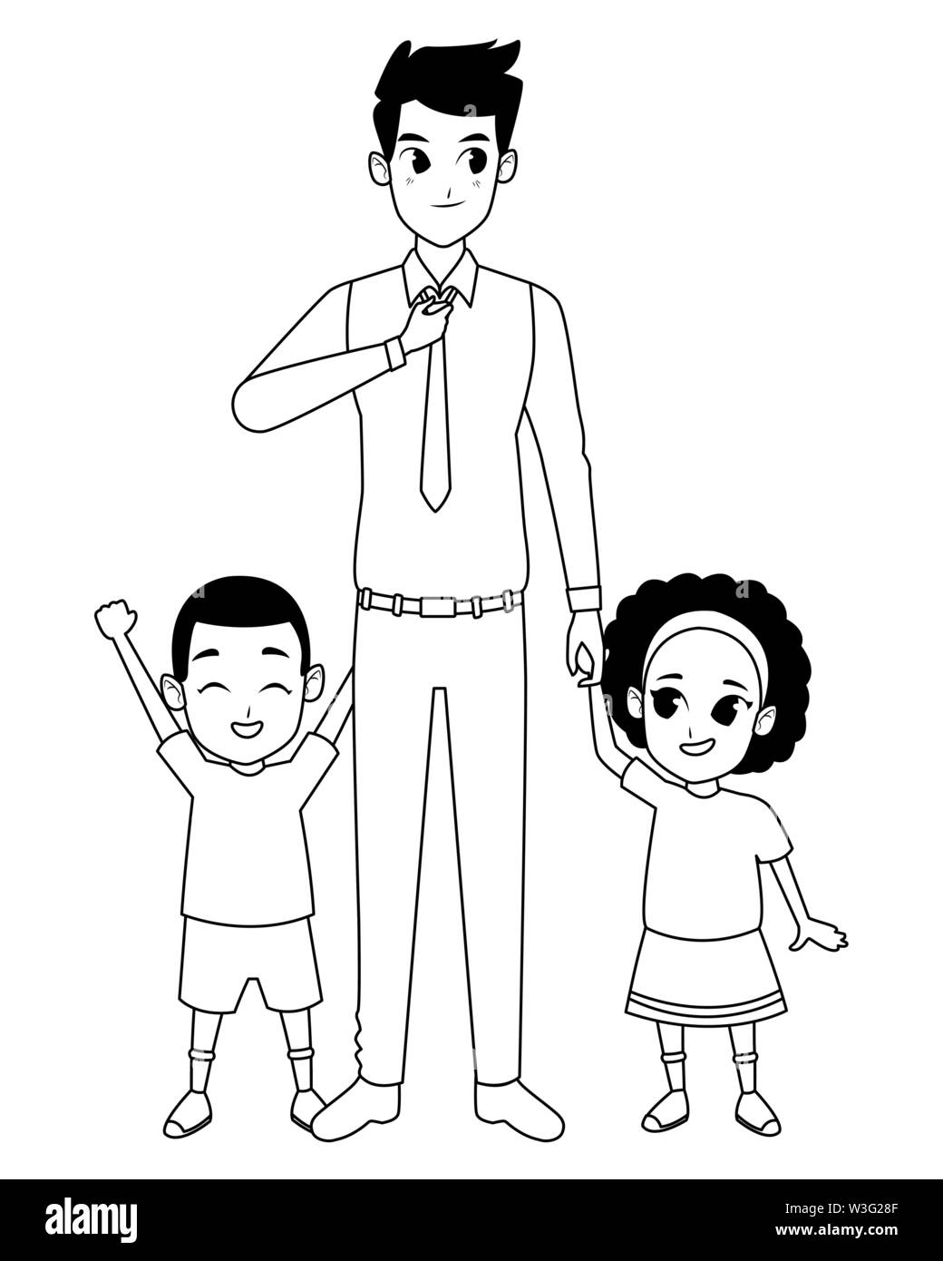 Family Single Father With Afro Boy And Girl In Black And White Stock Vector Image Art Alamy