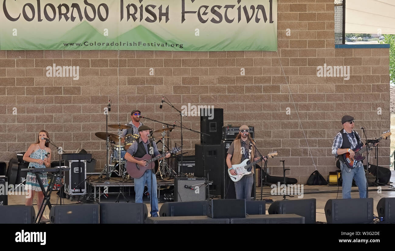 Littleton, Colorado - July 13, 2019: Irish rock band The Commoners from Fort Collins, Colorado, performing on main stage of Colorado Irish Festival Stock Photo
