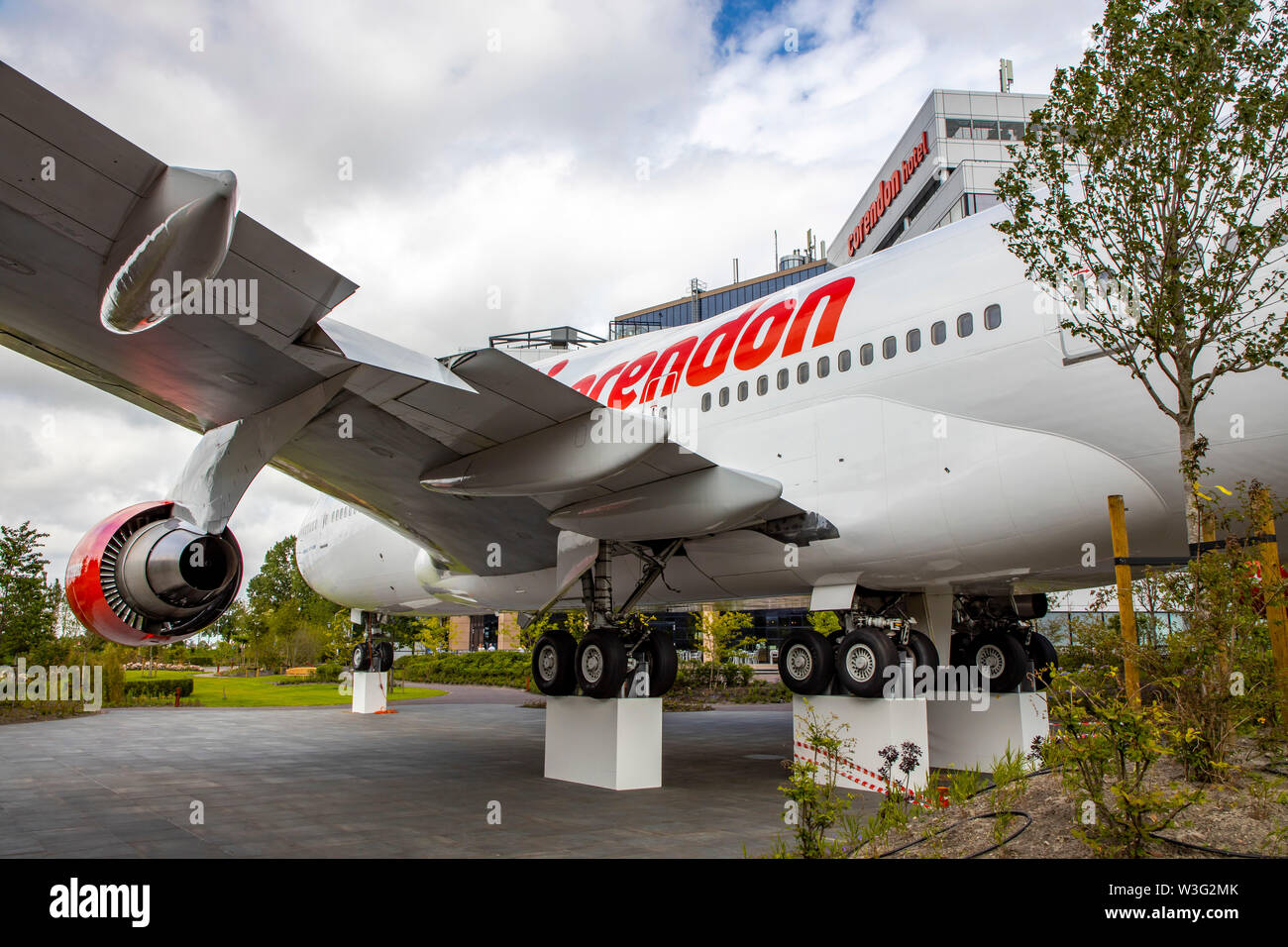 Corendon Village Hotels, at Amsterdam Schiphol Airport, former KLM Boeing 747-400, Jumbo Jet, in the park of the hotel complex, will be converted into Stock Photo