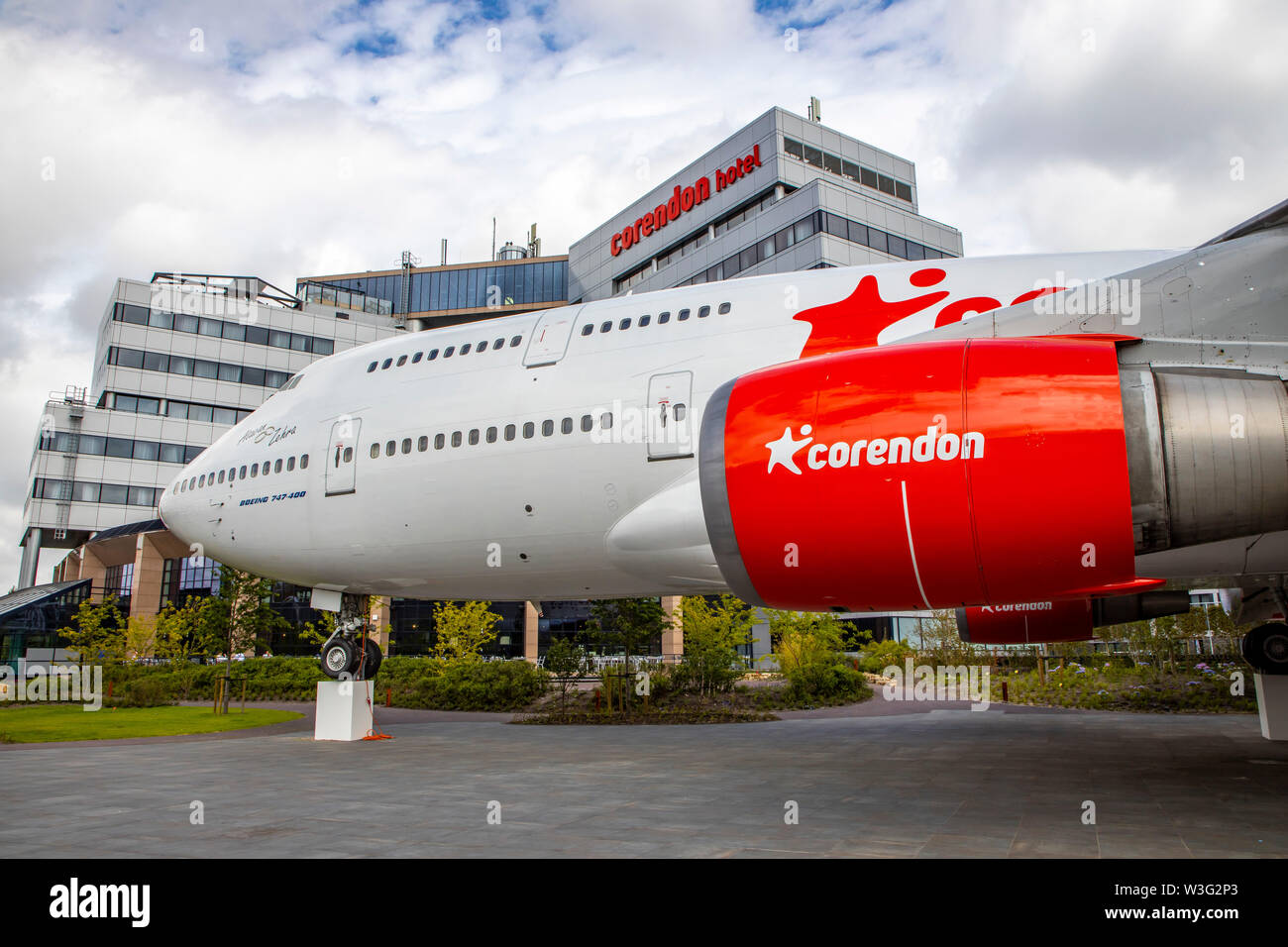 Corendon Village Hotels, am Flughafen Amsterdam Schiphol, ehemalige KLM Boeing 747-400, Jumbo Jet, im Park der Hotelanlage, wird zu einem 5D Luftfahrt Stock Photo