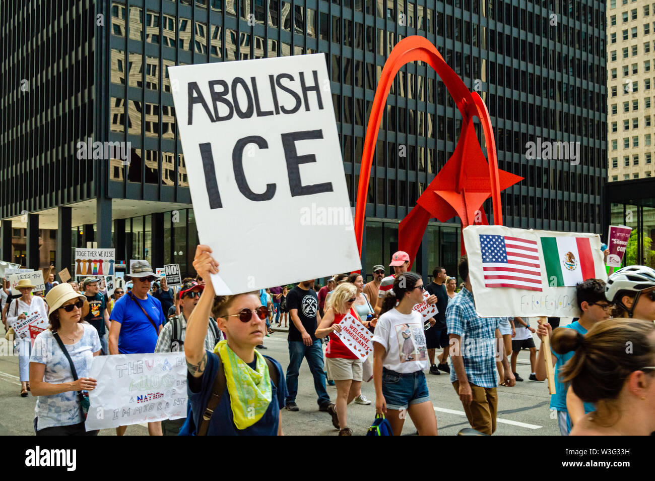 Downtown, Chicago-July 13, 2019: Protest against ICE and Customs and Border Patrol Detention Centers. Marching past Federal Plaza. Stock Photo