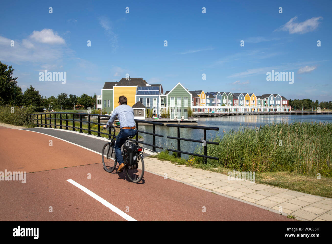 Small town Houten near Utrecht, The Netherlands, bicycles have priority in the 50,000 inhabitants city, generous cycle paths, many leisure areas, wate Stock Photo