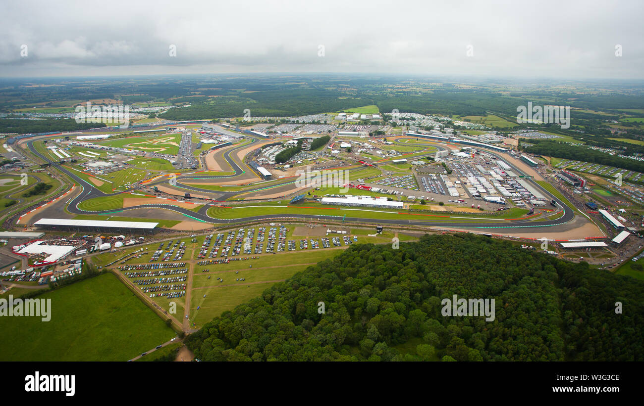 An aerial view of Silverstone Circuit on F1 race day 2019 from a helicopter above the Northamptonshire circuit. Stock Photo