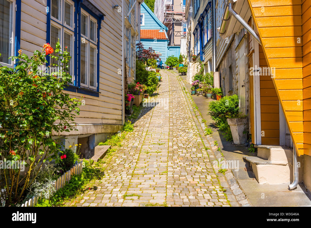 Old wooden houses and narrow streets in the pittoresk part of Bergen, Norway, called Nordnes. Stock Photo