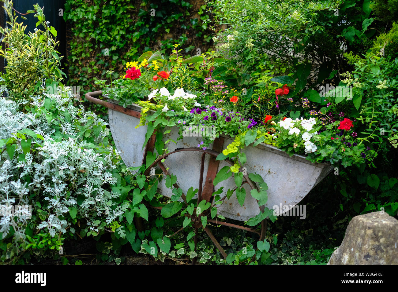 Colourful floral display in antique wheelbarrow in Lacock, Wiltshire (UK) Stock Photo