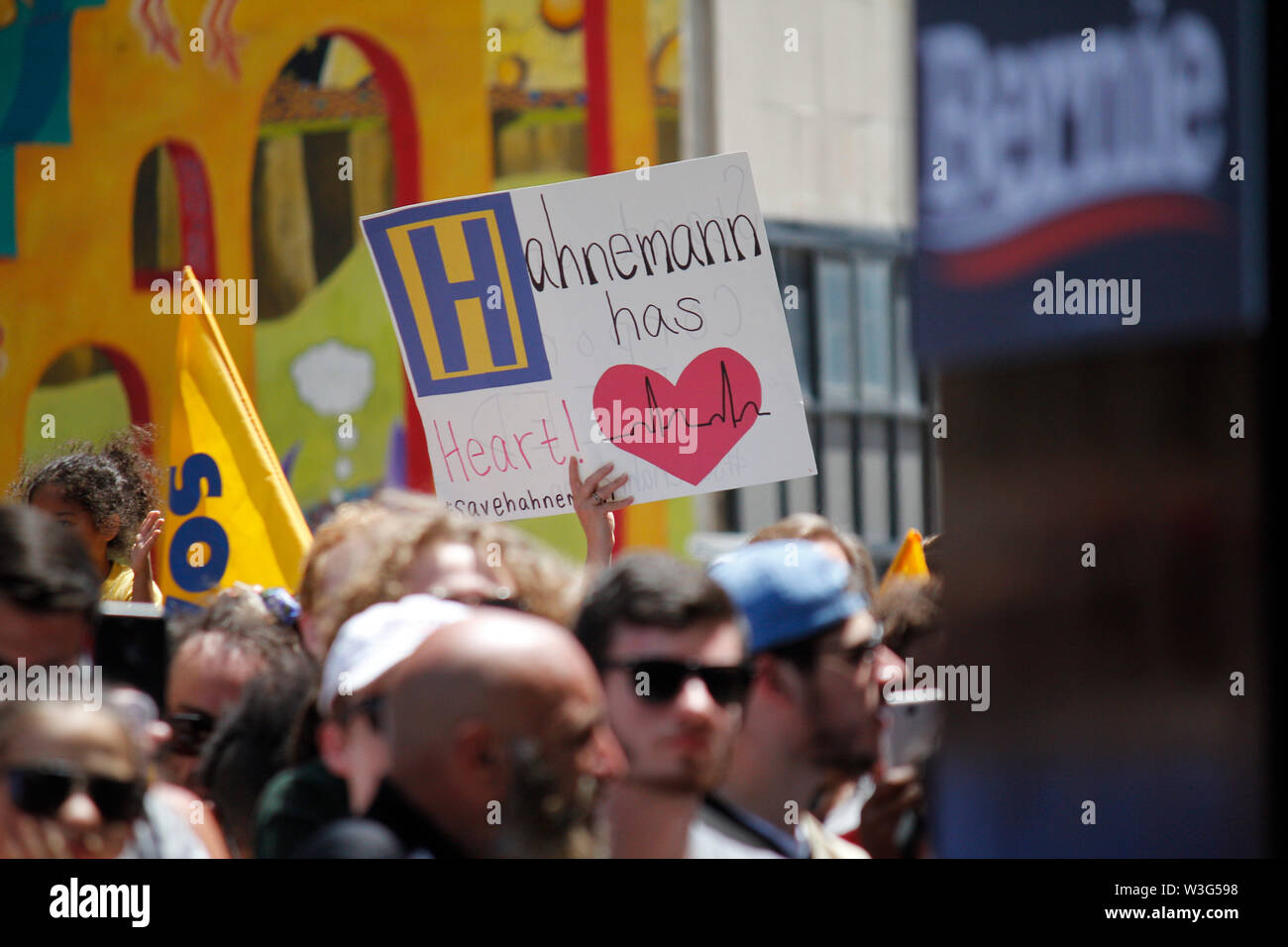 Philadelphia, PA, USA - July 15, 2019: 2020 Presidential candidate Sen. Bernie Sanders joins a rally to stop the impending closure of Hahnemann University Hospital in Center City, Philadelphia. Credit: Jana Shea/OOgImages Stock Photo