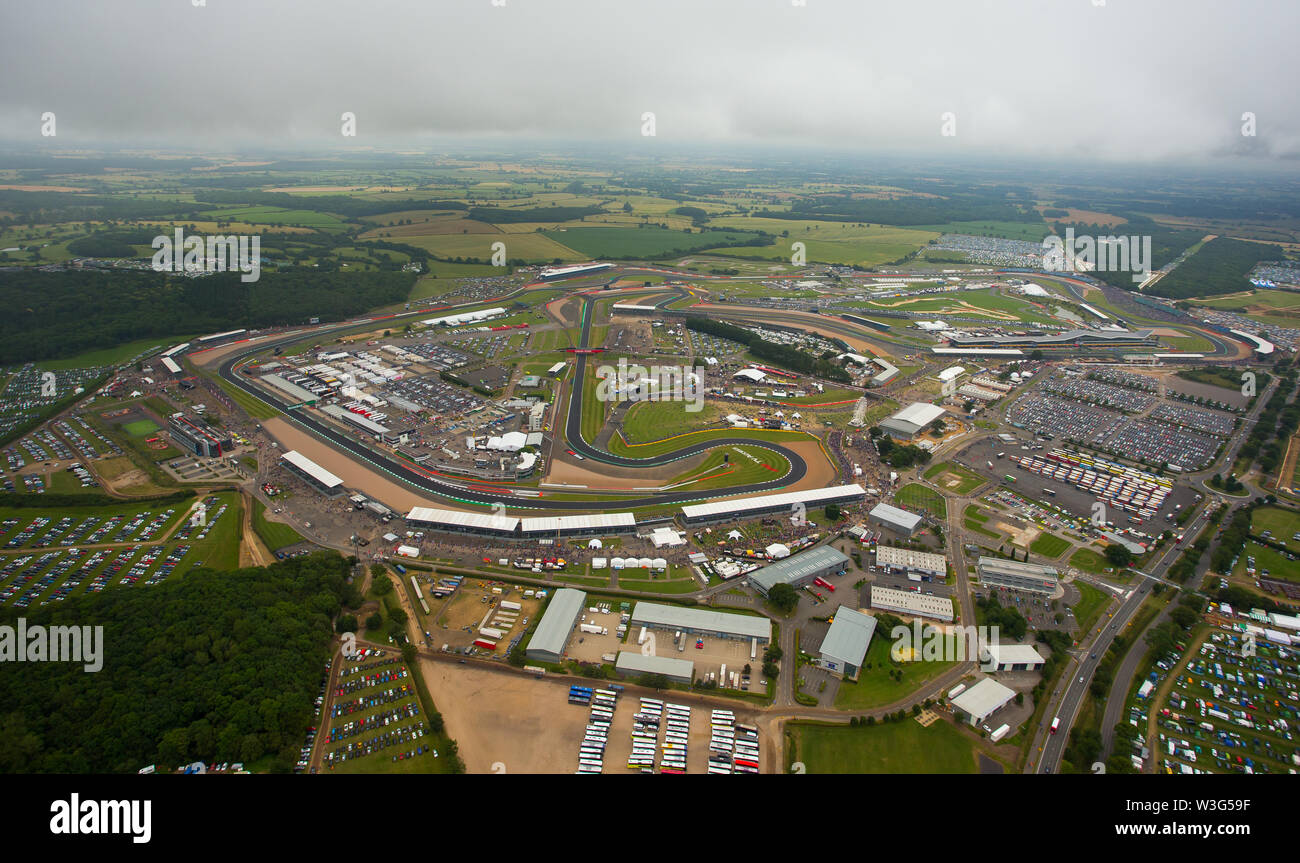 An aerial view of Silverstone Circuit on F1 race day 2019 from a helicopter above the Northamptonshire circuit. Stock Photo