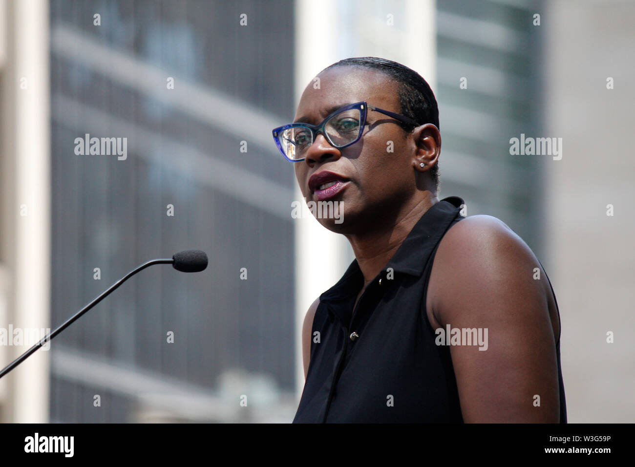 Philadelphia, PA, USA - July 15, 2019: Bernie2020 campaign co-chair Sen. Nina Turner introduces Democratic presidential candidate Sen. Bernie Sanders at a rally to stop the impending closure of Hahnemann University Hospital in Center City, Philadelphia. Credit: Jana Shea/OOgImages Stock Photo