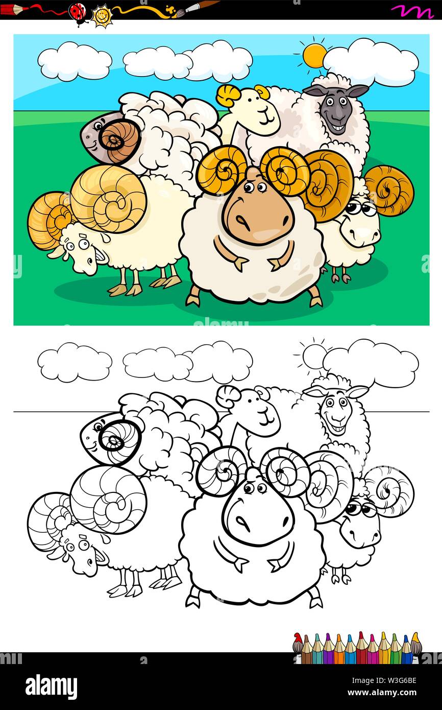 Cartoon Illustration of Funny Sheep Farm Animal Characters Coloring ...