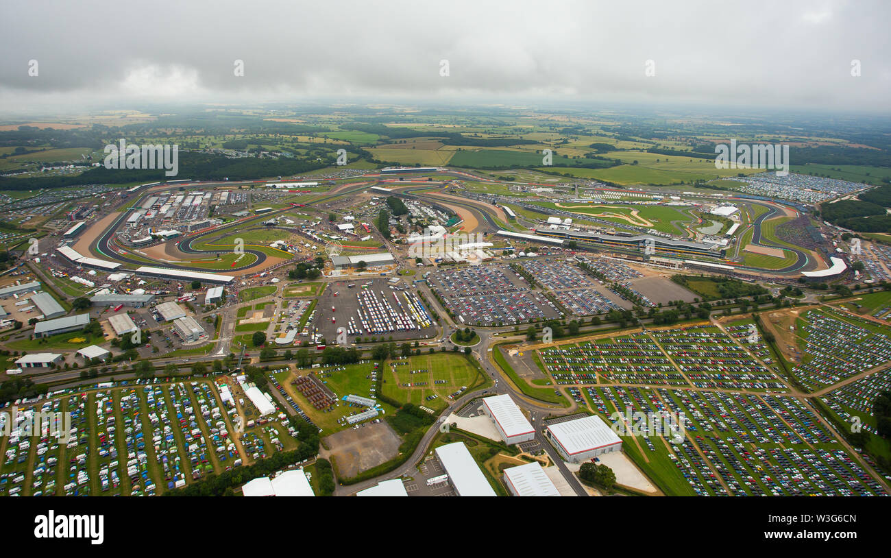 An aerial view of Silverstone Circuit on F1 race day 2019 from a helicopter above the Northamptonshire circuit. Stock Photo