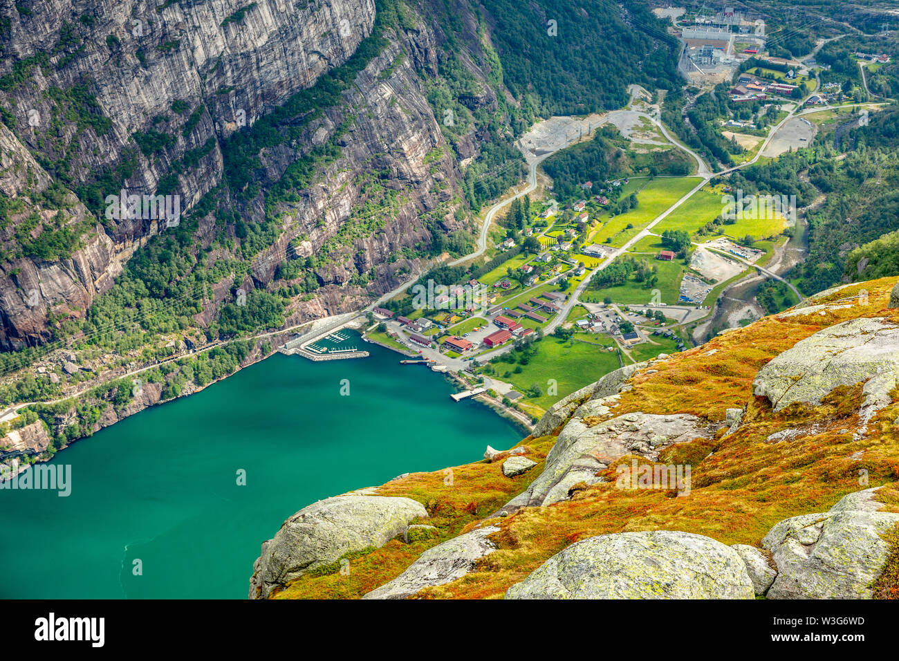View from the Kjerag trail to Lyseboth norwegian village located at the end of Lysefjord, Forsand municipality, Rogaland county, Norway Stock Photo