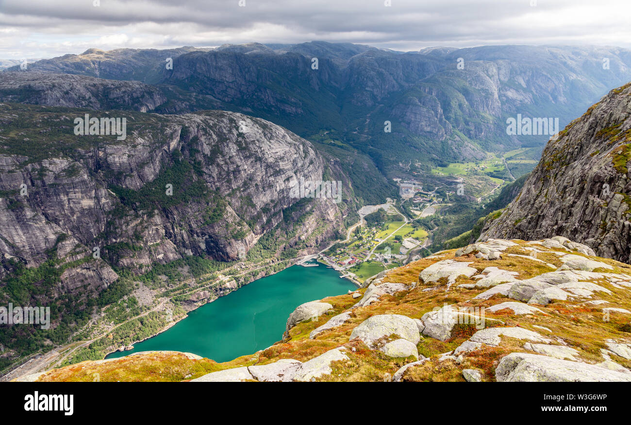 View from the steep cliff to Lyseboth norvegian village located at the end of Lysefjord, Forsand municipality, Rogaland county, Norway Stock Photo