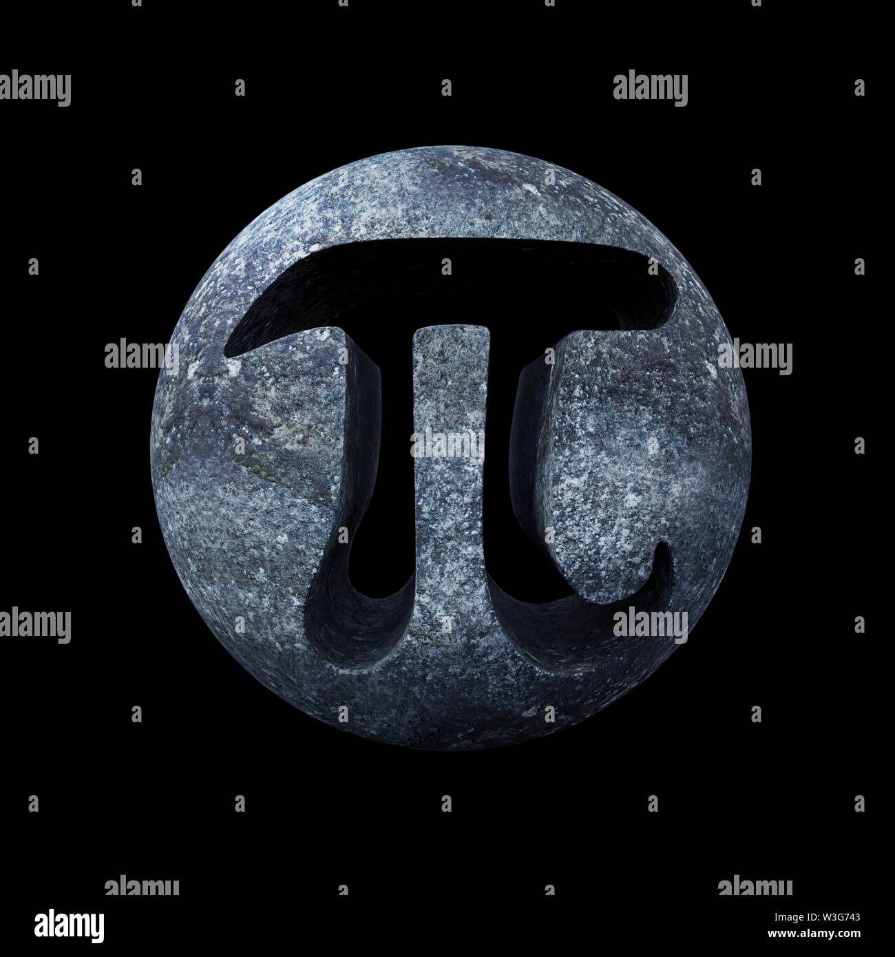 pi symbol, mathematical carved in stone constant isolated on black background Stock Photo