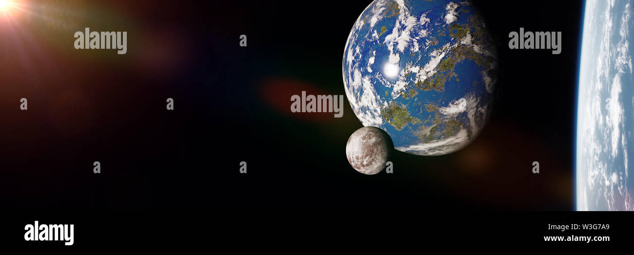Earth like alien moon and other natural satellites orbiting a super-Earth (3d science illustration banner) Stock Photo