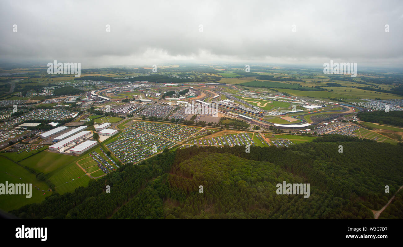 An aerial view of the car park on Dadford Road, Silverstone Circuit on F1 race day 2019 from a helicopter above the Northamptonshire circuit. Stock Photo