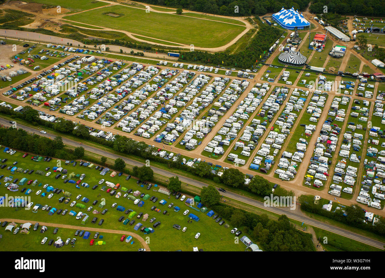 An aerial view of Silverstone Woodlands Campsite on the edge of Silverstone Circuit on F1 race day 2019 from a helicopter above the Northamptonshire c Stock Photo