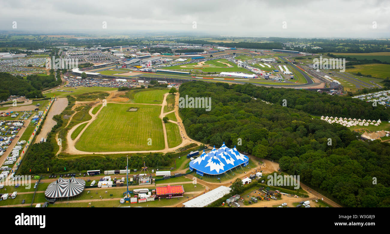 An aerial view of Silverstone Woodlands Campsite on the edge of Silverstone Circuit on F1 race day 2019 from a helicopter above the Northamptonshire c Stock Photo