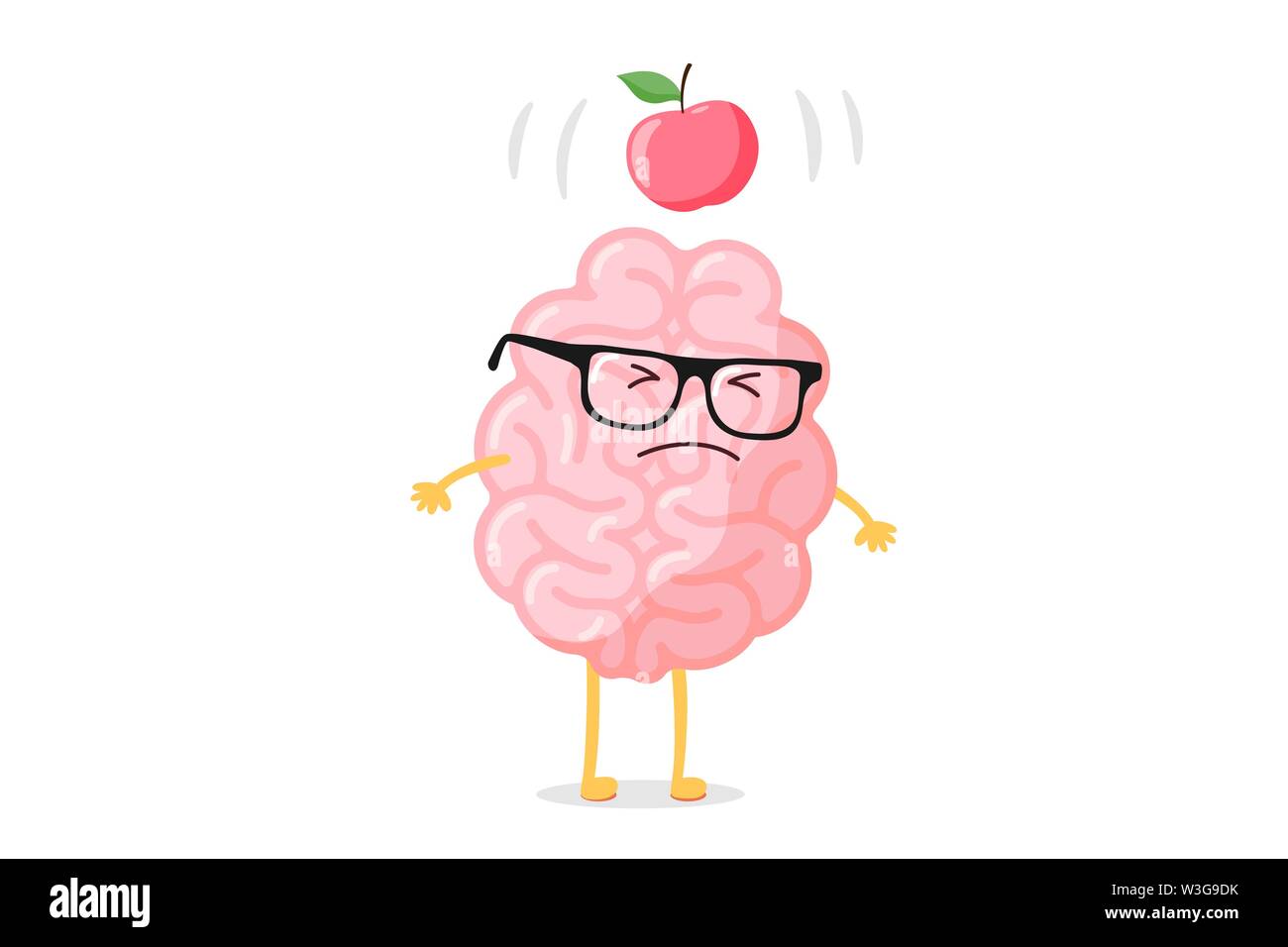 Cartoon smart human brain character with glasses and apple fruit falling dawn to head scientific discovery idea concept. Funny flat vector illustration Stock Vector
