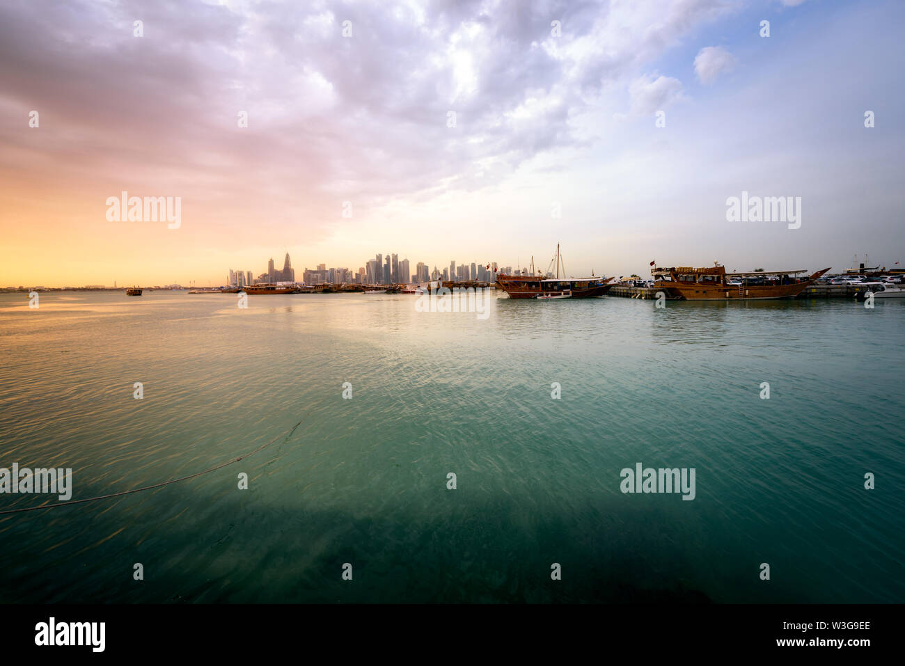 Panoramic view of financial center of Doha at sunset Stock Photo