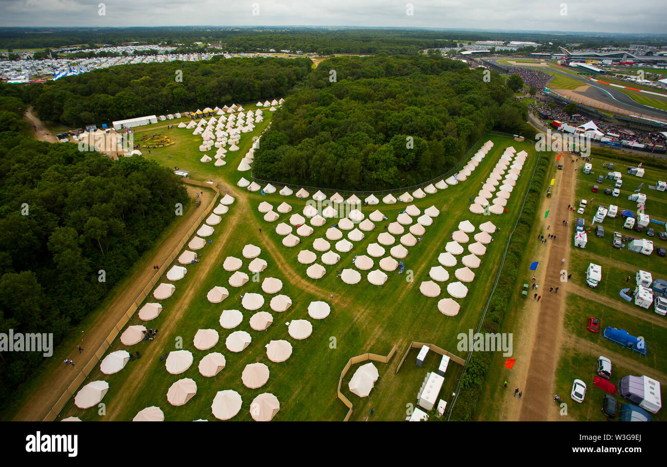 An aerial view of the Luxury Glamping bell tent field at Silverstone Woodlands Campsite on the edge of Silverstone Circuit on F1 race day 2019 from a Stock Photo