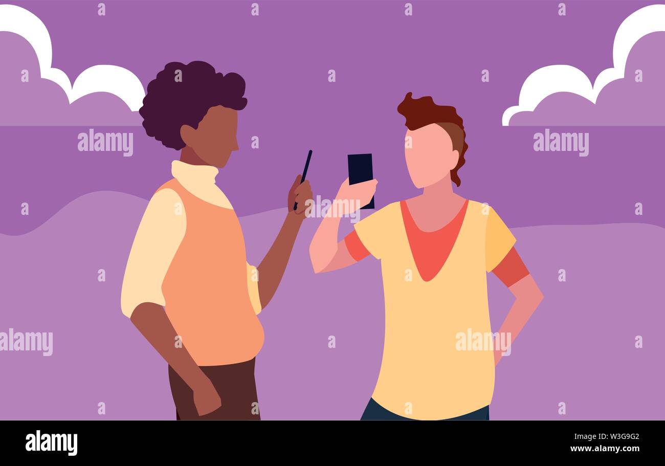 two men using smartphone devices vector illustration Stock Vector Image ...