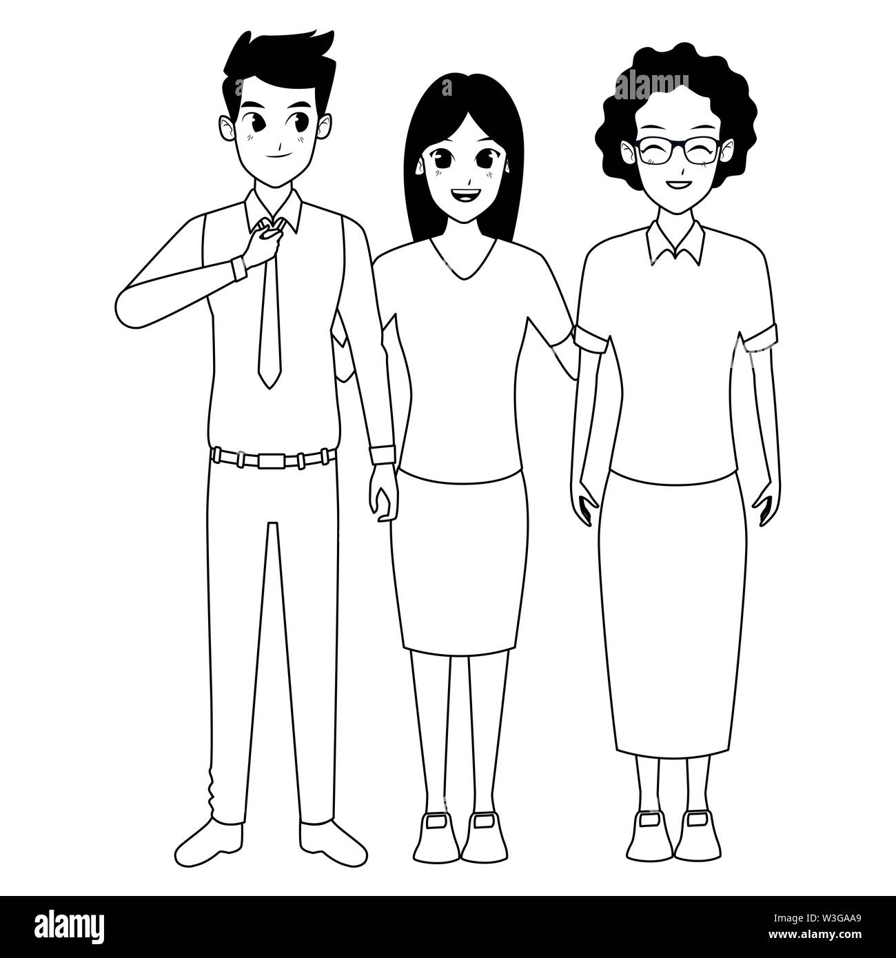Family old mother with adult saughter and son in black and white Stock Vector