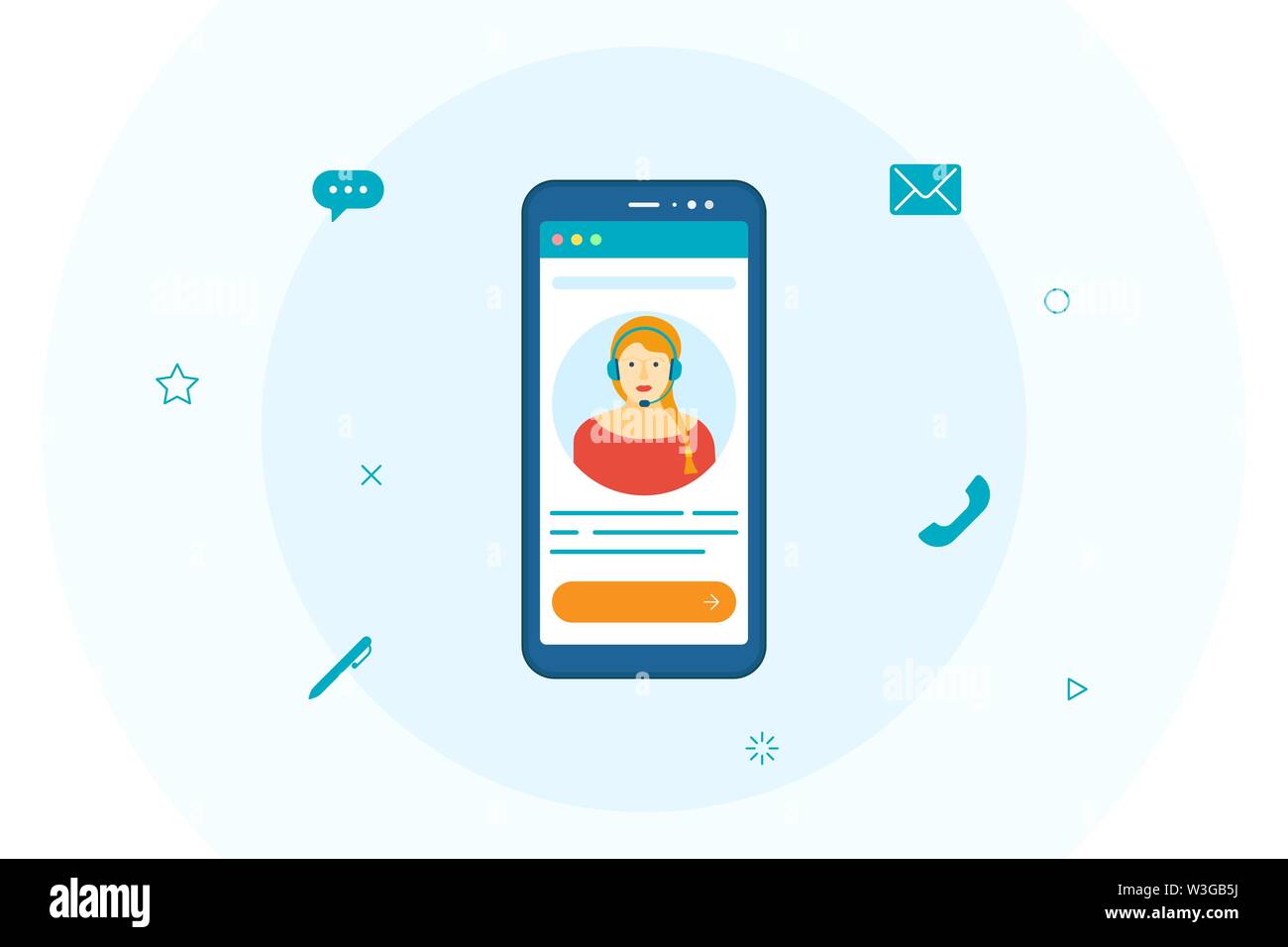 Customer support operator woman avatar on smartphone screen. Online technical mobile consultant service 24-7 concept. Virtual assistant help modern flat communication illustration Stock Vector
