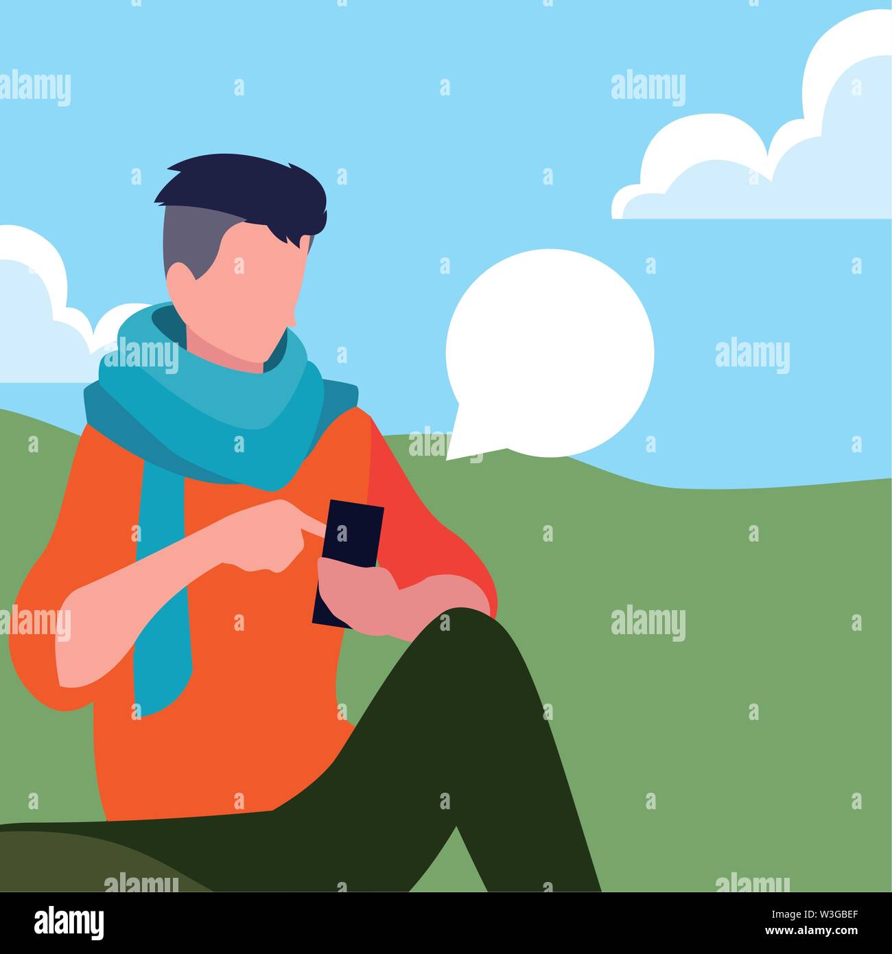 young man sitting using smartphone media vector illustration Stock ...