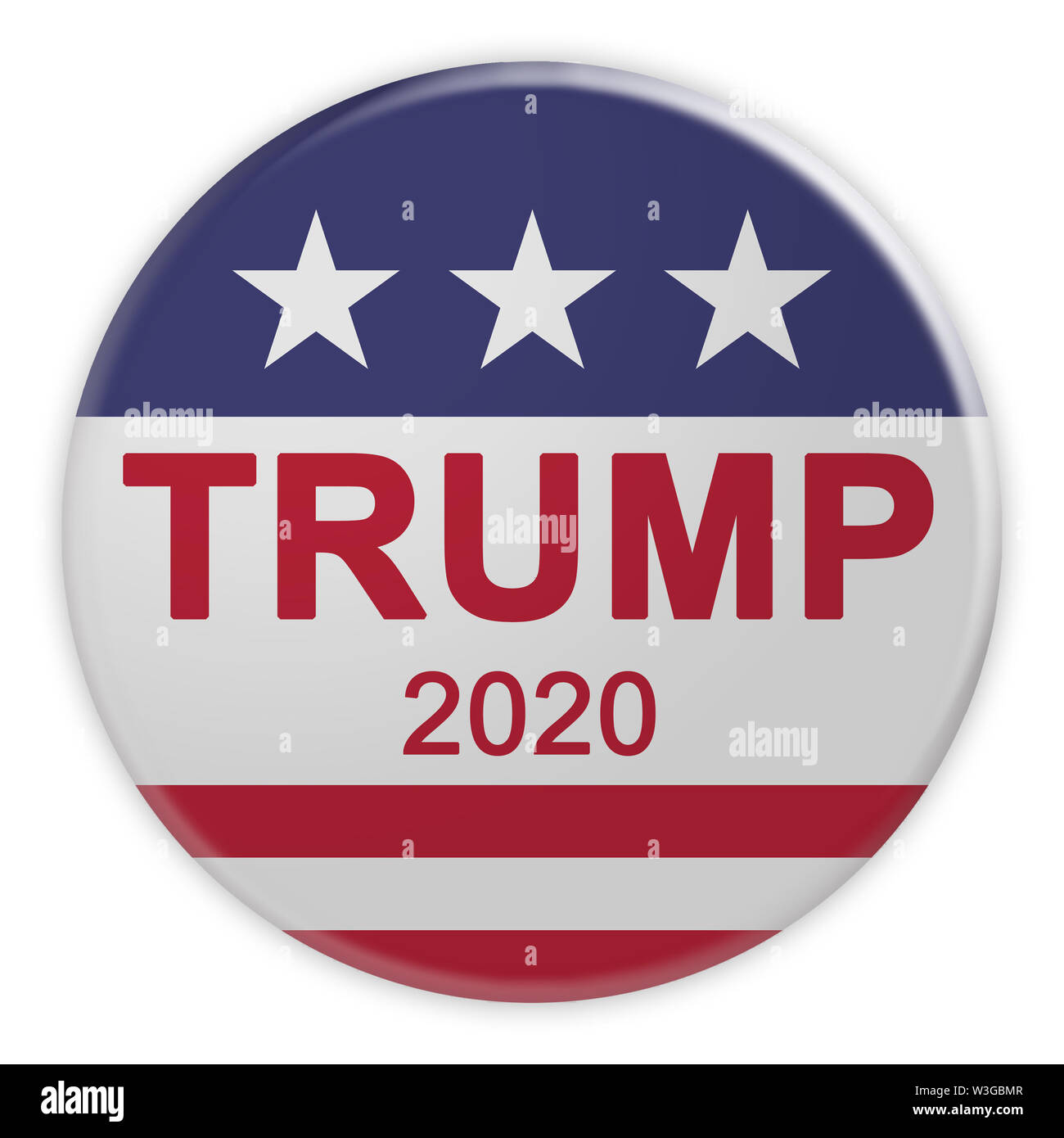 BERLIN, GERMANY - JULY 15, 2019: USA Politics News Badge: Trump 2020 Presidential Election Button With US Flag, 3d illustration On White Background Stock Photo