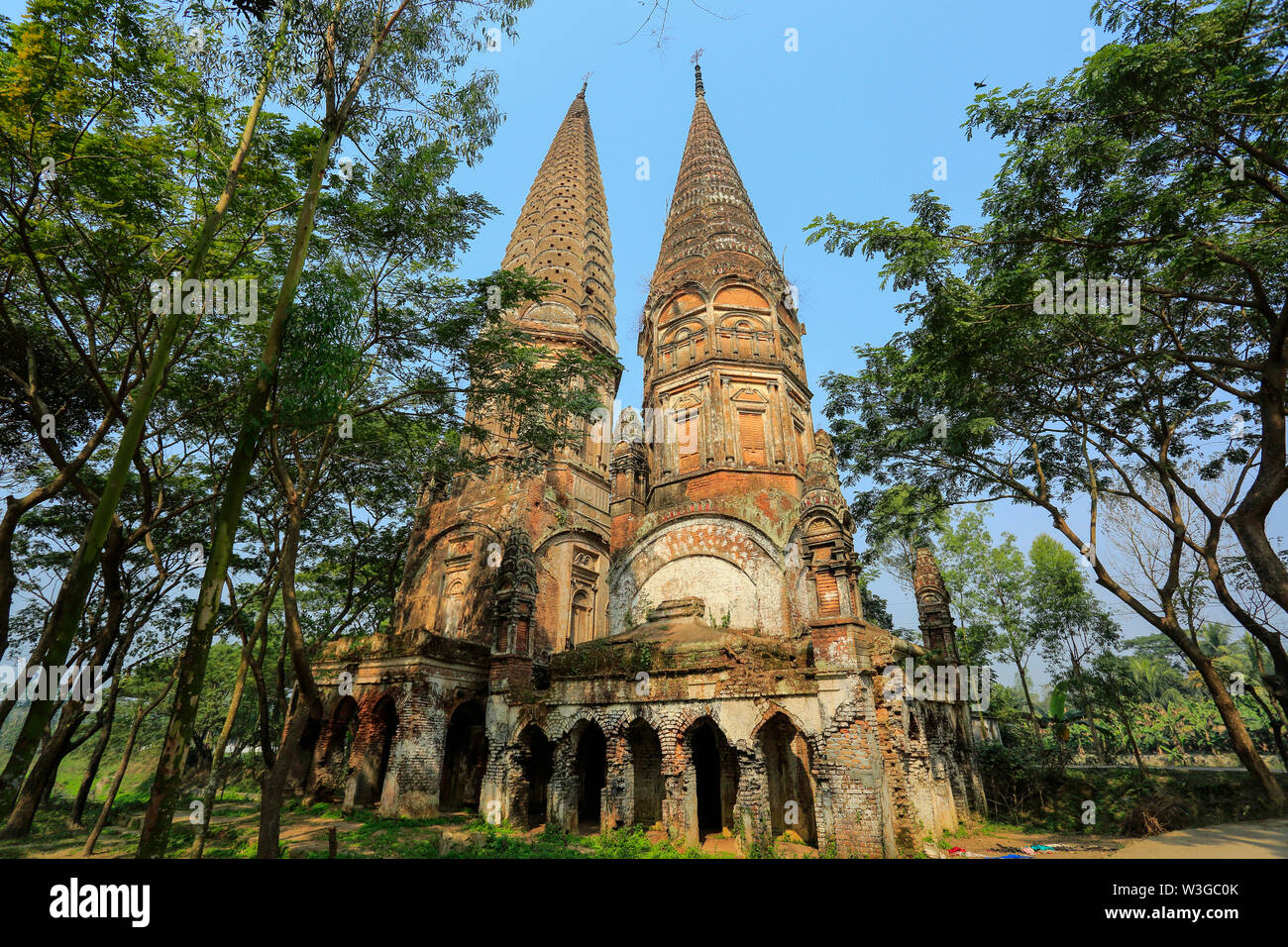 An eighteenth-century temple, Sonarang Twin Temple, located at Sonarang village in the Tongibari Upazila in Munshiganj, Bangladesh. Stock Photo