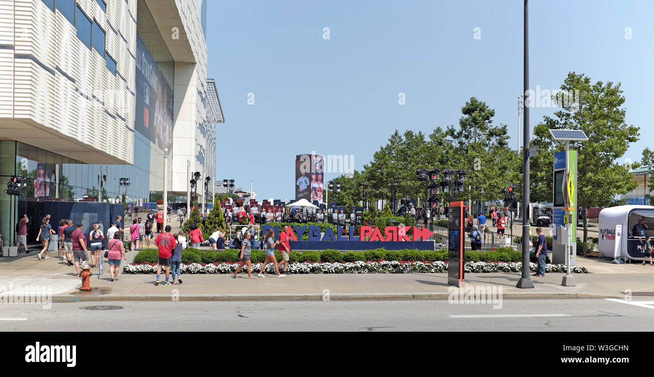 Crowd attends the free 'Playball Park' in Cleveland, Ohio, USA as part of the MLB All-Star Game festivities hosted by the city in 2019. Stock Photo