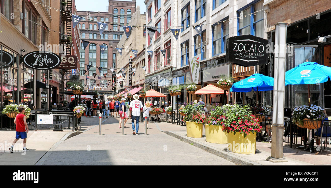 Pedestrian-only East 4th Street is one of several entertainment and dining districts in Cleveland, Ohio particularly comes alive during the summer. Stock Photo
