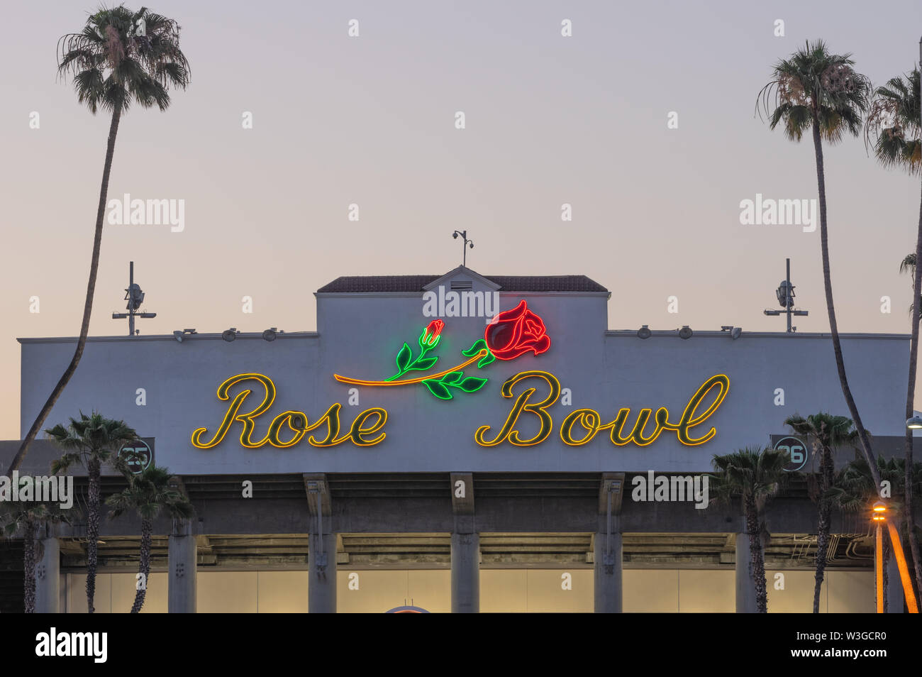 Neon sign above the entrance of the world famous Rose Bowl Stadium. Stock Photo