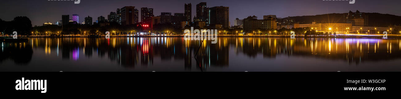 At the night time, Panoramic skyline of East lake in Wuhan city, Hubei province, china. Stock Photo