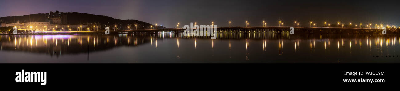 At the night time, Panoramic skyline of East lake in Wuhan city, Hubei province, china. Stock Photo