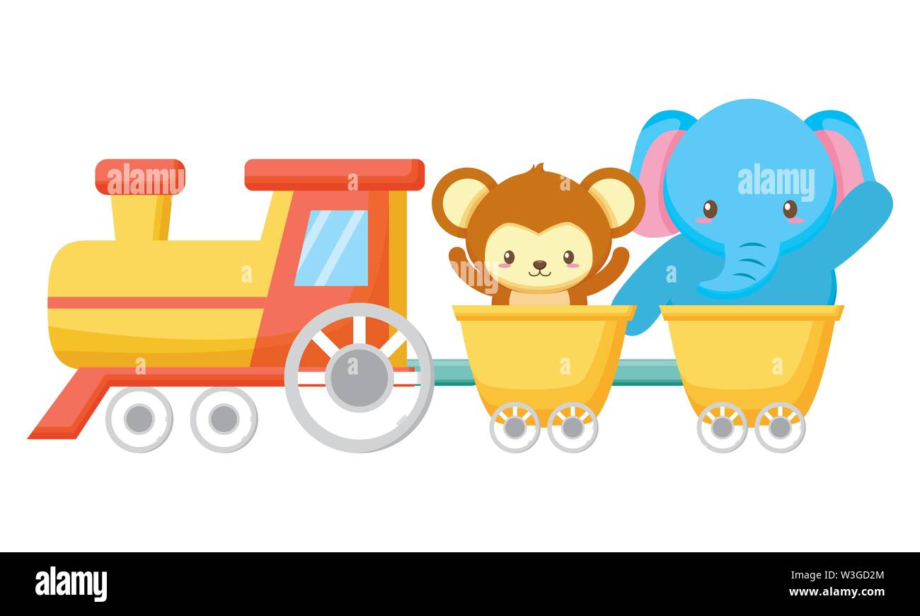 cute little monkey and elephant in train Stock Vector