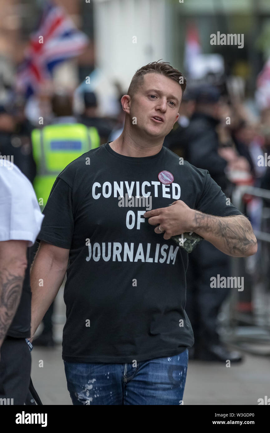 London, UK. 11th July 2019. Tommy Robinson, real name Stephen Yaxley-Lennon, arrives at Old Bailey court with a prison bag ready for sentencing after being found guilty of contempt of court over the filming outside Leeds Crown Court during a criminal trial last year and broadcasting live on social media. Credit: Guy Corbishley/Alamy Live News Stock Photo