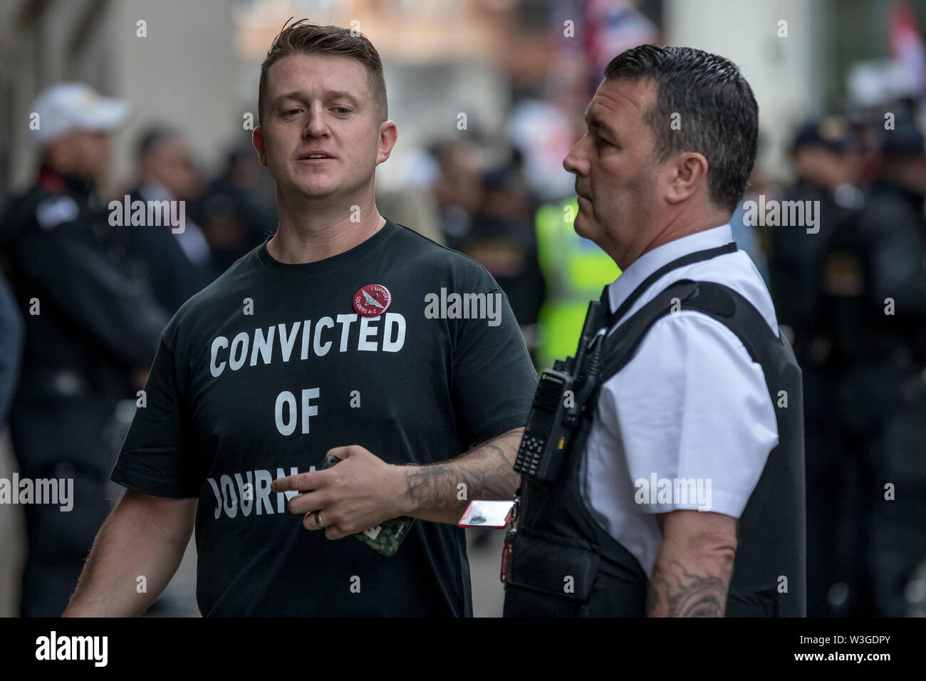 London, UK. 11th July 2019. Tommy Robinson, real name Stephen Yaxley-Lennon, arrives at Old Bailey court with a prison bag ready for sentencing after being found guilty of contempt of court over the filming outside Leeds Crown Court during a criminal trial last year and broadcasting live on social media. Credit: Guy Corbishley/Alamy Live News Stock Photo
