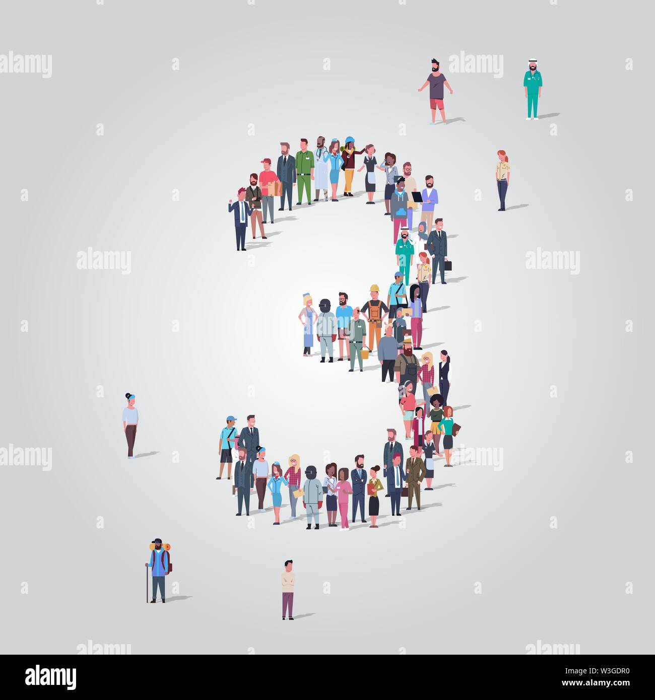 big people crowd forming number three 3 shape different occupation employees group standing