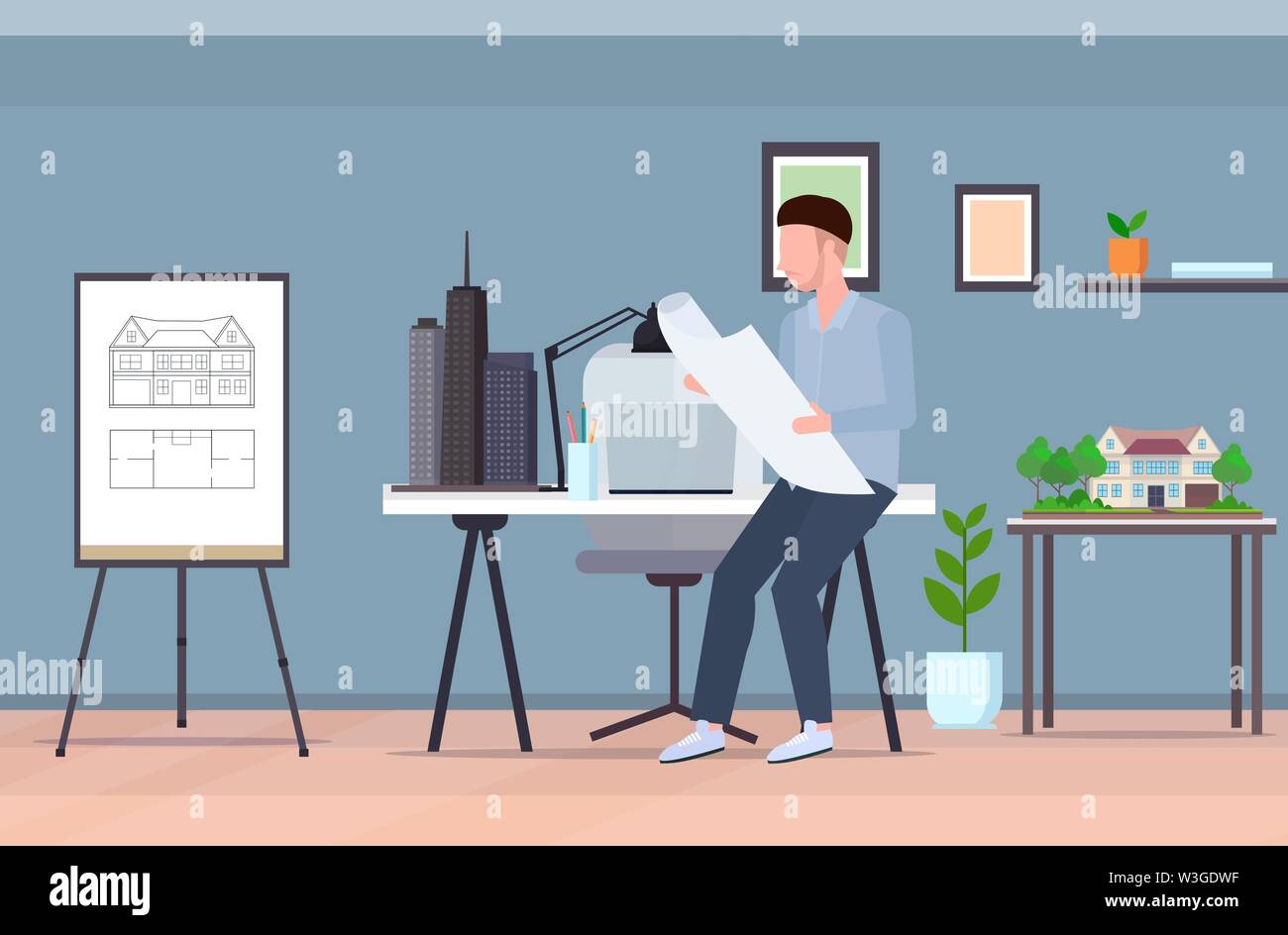 architect holding blueprint new house project man housing contractor designing house plan engineer sitting at workplace modern draftsman studio Stock Vector