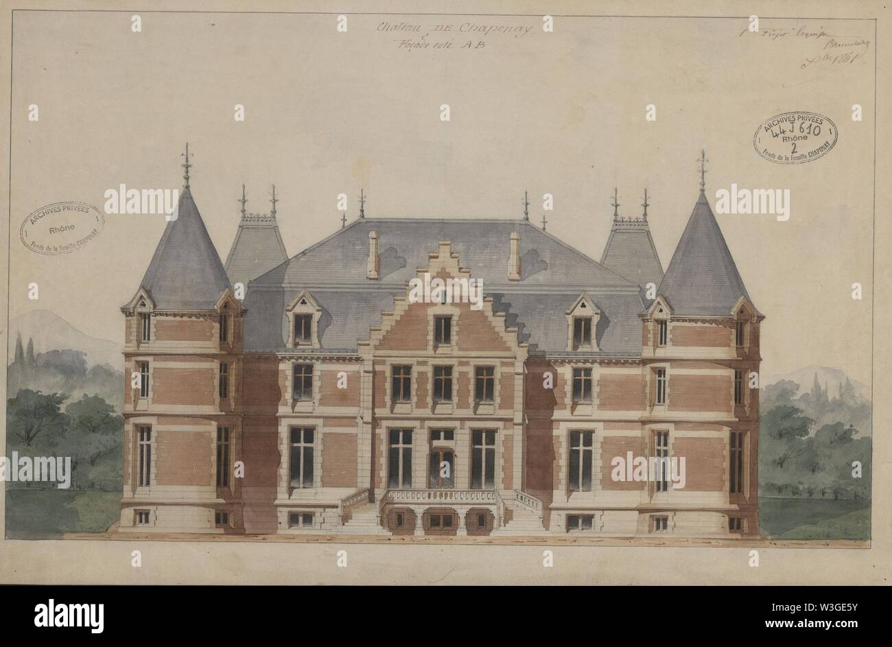 Chateau De La Flachere Facades Sud Et Laterales Dessins Aquarelles Signes Viollet Le Duc 1861 02 Stock Photo Alamy