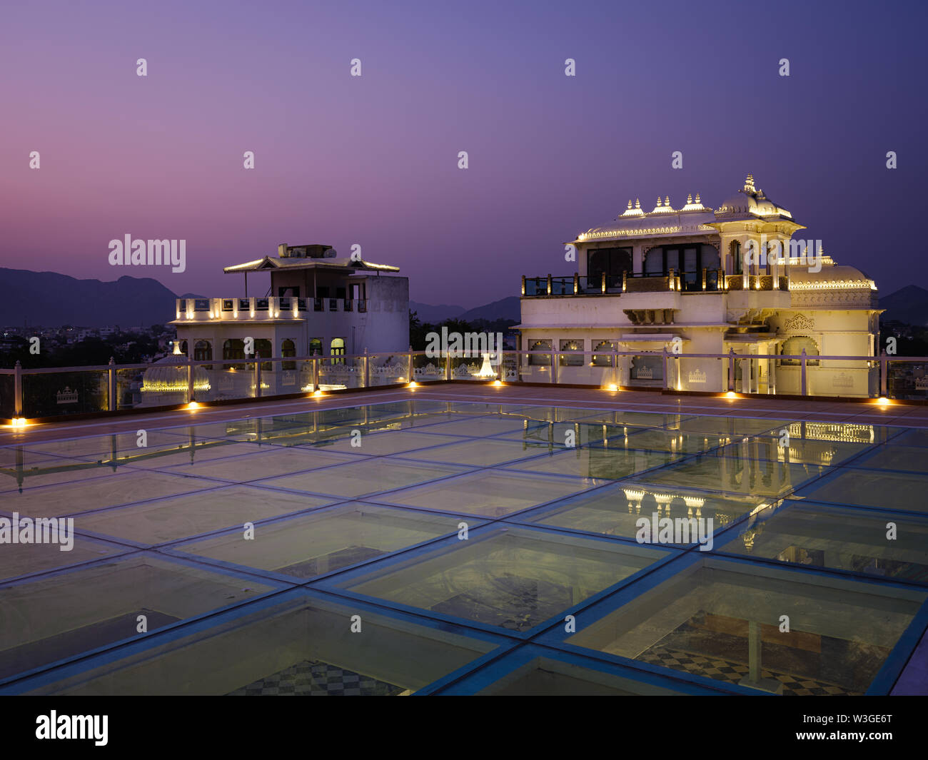 UDAIPUR, INDIA - CIRCA NOVEMBER 2018:  Rooftop of the Hotel Udai Kothi in at night in Udaipur. The city is the historic capital of the kingdom of Mewa Stock Photo