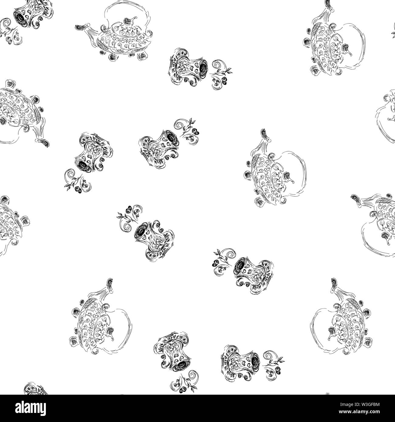 Seamless pattern of teapots and teacups isolated on white background ...