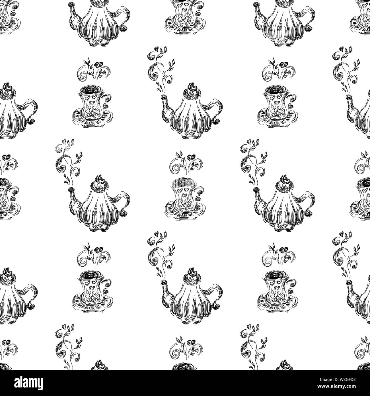 Seamless pattern of teapots and teacups isolated on white background ...