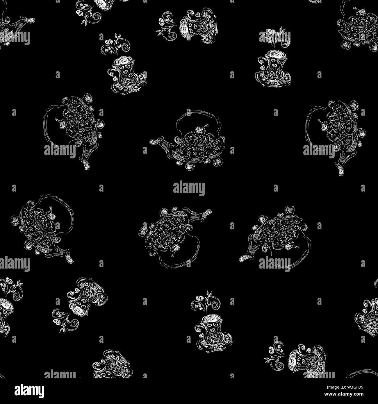 Seamless pattern of teapots and teacups isolated on black background ...