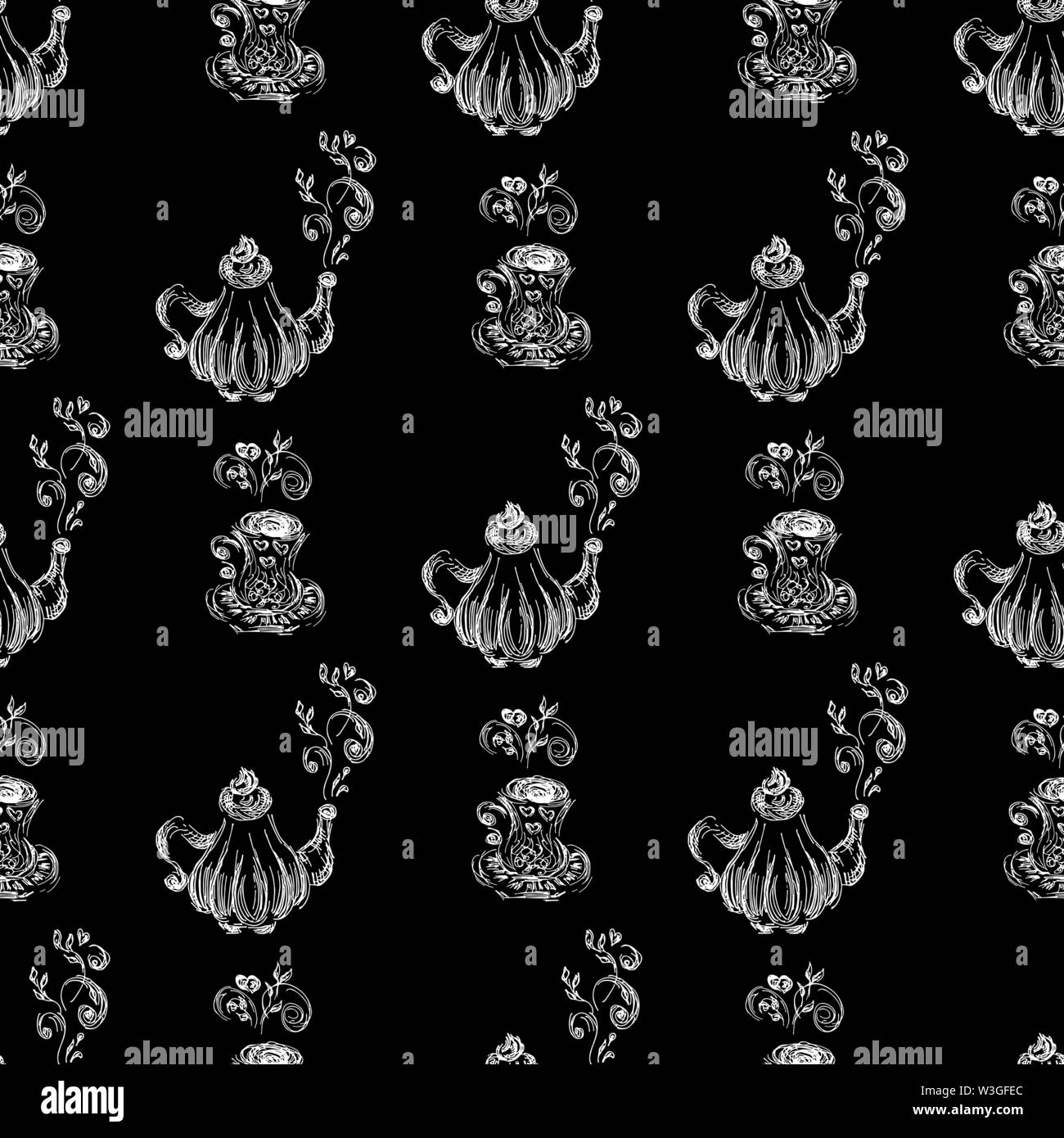 Seamless pattern of teapots and teacups isolated on black background ...
