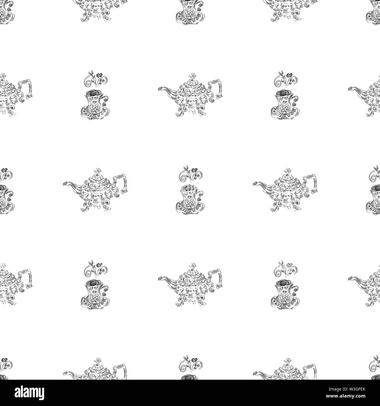 Seamless pattern of teapots and teacups isolated on white background ...