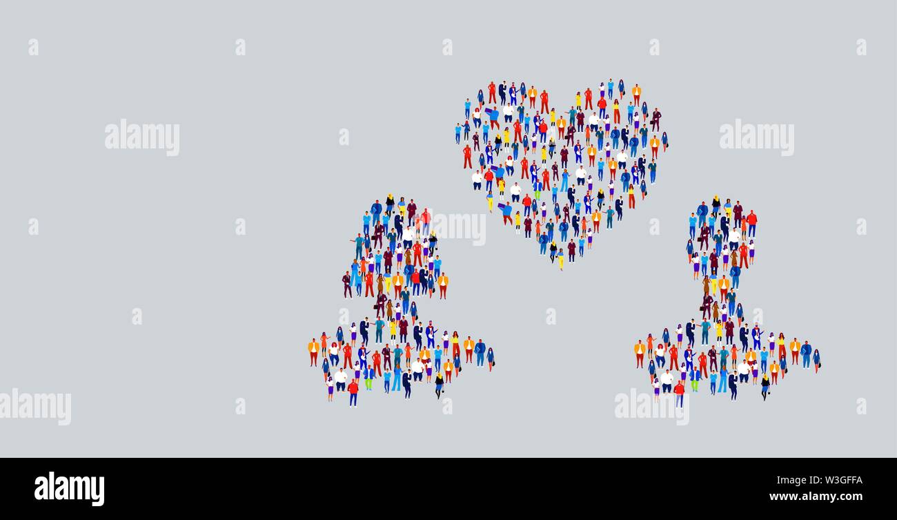 businesspeople crowd gathering in couple with love heart shape different business people group standing together social media communication valentine Stock Vector